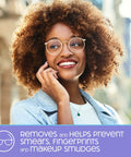 Smiling woman wearing glasses with text promoting smudge prevention, using SmudgeGuard Lens Wipes Kit With 400 Pre Moistened Individually Wrapped Wipes