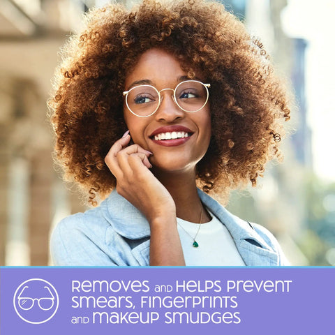 Smiling woman wearing glasses with text promoting smudge prevention, using SmudgeGuard Lens Wipes Kit With 400 Pre Moistened Individually Wrapped Wipes