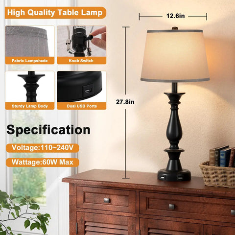 Modern USB Table Lamps Set Of 2 For Living Room And Bedroom With USB Charging Ports 28 Inch Desk Lamps For Nightstands Gray Finish Charges Phones And Tablets When Off Or On Easy Switch