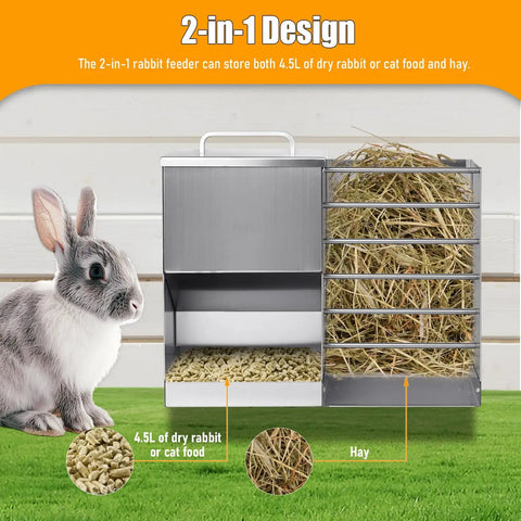 Top Notch Bunny Hopper And Premium Hay Holder For Indoor Cages featuring 4.5L capacity, stainless steel, and 2-in-1 design.