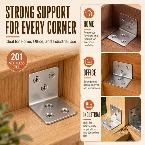 200 Pack Stainless Steel L Shape Corner Brackets With Screws For Right Angle Support For Your Furniture Shelves Cabinets And DIY Home Repair Projects Heavy Duty Metal Joint Hardware show versatility in home, office, industrial use.