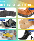Heavy Duty Shoe Glue Repair Kit With 15ML X2 Adhesives, Waterproof And Flexible Clear Drying Formula For Your Kicks Sneakers Boots Leather Rubber Canvas And More Dries In 24 Hours applied on various shoes like sneakers, boots, and high heels showing repair effects.