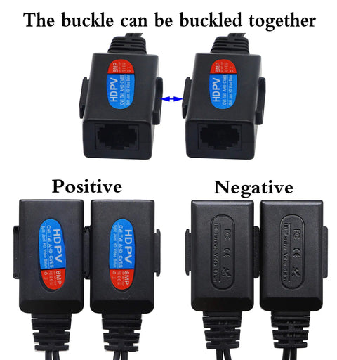 Cat5 To BNC Video Balun Kit With Power For CCTV Cameras Passive Transceiver 2 Pairs Supports 720P 1080P 3MP 4MP 5MP 8MP HD CVI TVI AHD CVBS 960H No Fuss Plug And Play Ready To Install connectors positive and negative view