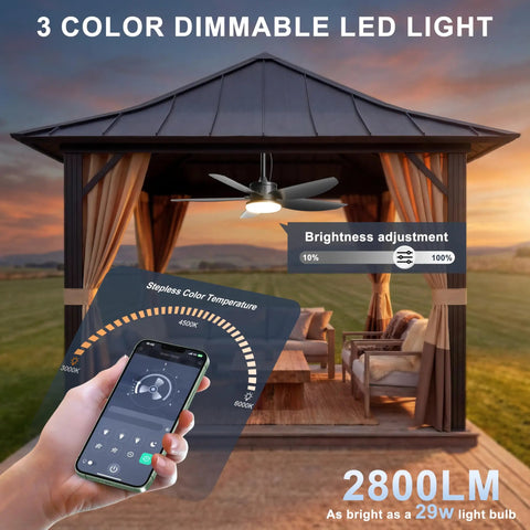 Outdoor Ceiling Fan With Lights 42 Inch Wet Rated IP65 Plug In Gazebo Patio Fan With Remote App Control in gazebo setting.