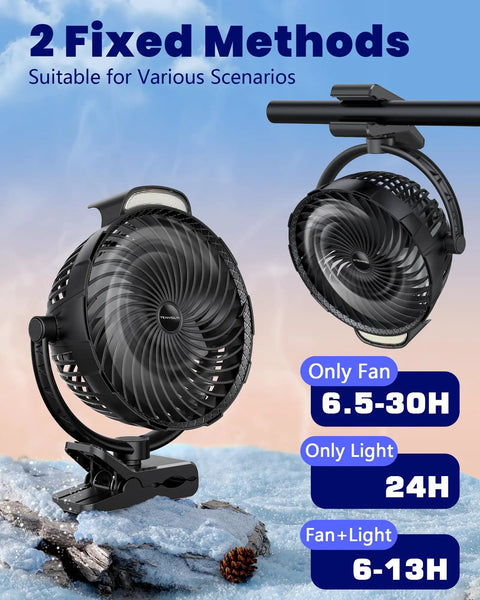 Rechargeable Clip On Fan 10000mAh with dual mounting options and runtime details shown on vibrant background.