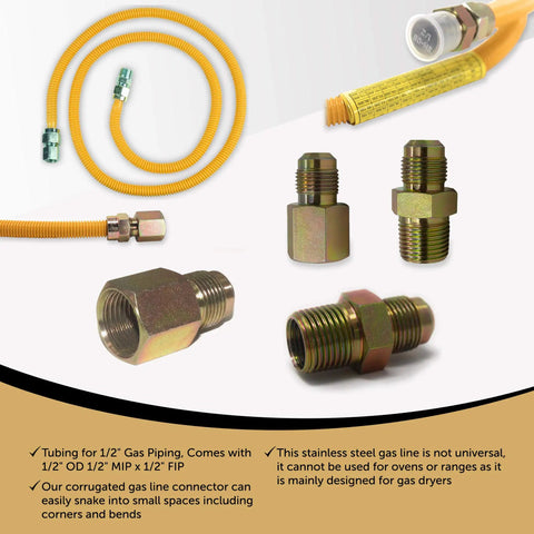 Flexible Stainless Steel Gas Line For Dryer With Connector Kit Half Inch MIP To Half Inch FIP Fittings Durable Yellow Gas Hose