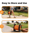 Portable Garden Hose Reel Cart for 50 to 80 Foot 5/8 Inch Hoses in use on a patio, featuring durable storage and easy roll-up.