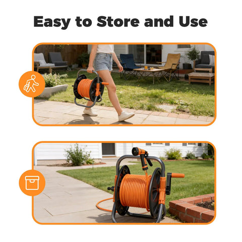 Portable Garden Hose Reel Cart for 50 to 80 Foot 5/8 Inch Hoses in use on a patio, featuring durable storage and easy roll-up.