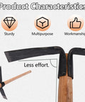 Close-up of Heavy Duty Gardening Pick Axe With Wooden Handle showing metal head and wooden shaft, designed for multipurpose use.