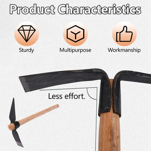 Close-up of Heavy Duty Gardening Pick Axe With Wooden Handle showing metal head and wooden shaft, designed for multipurpose use.