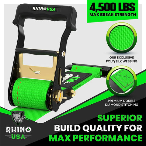 Badass Cargo Control With These Heavy Duty E Track Ratchet Tie Down Straps 4 Pack showing ergonomic green ratchet handle and strap.