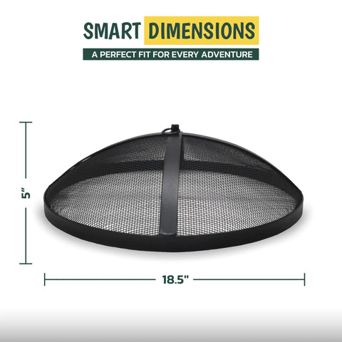Heavy Duty 18.5 Inch Carbon Steel Fire Pit Screen Spark Protector For Smokeless Bonfire Shields And Round Pits Includes Hook And Shield Removal Tool Keeps Sparks Contained And Flare Ups In Check, shown with dimensions.