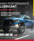 High performance lubricant advertisement with a blue truck on a wet road, showcasing 75W140 Full Synthetic Gear Oil For Hypoid Limited Slip Differentials GL5.