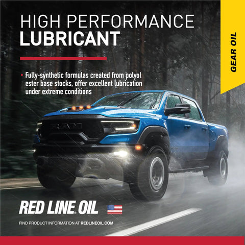 High performance lubricant advertisement with a blue truck on a wet road, showcasing 75W140 Full Synthetic Gear Oil For Hypoid Limited Slip Differentials GL5.
