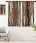 Cozy Farmhouse Brown Curtains With Rustic Barn Door Plank Look, 42W X 63L Rod Pocket Two Panels in living room setting