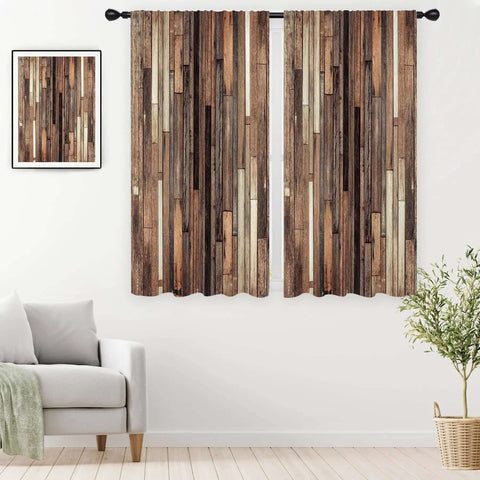 Cozy Farmhouse Brown Curtains With Rustic Barn Door Plank Look, 42W X 63L Rod Pocket Two Panels in living room setting