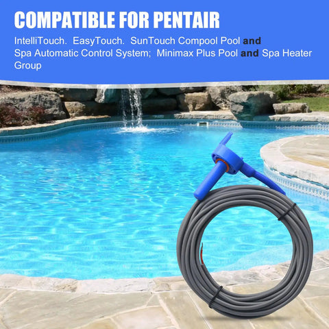 Image of Two Pack 10K Ohm Pool Temperature Sensor Thermistor Replacement with 20 Foot Cable for pool and spa use, coiled cable on edge of pool