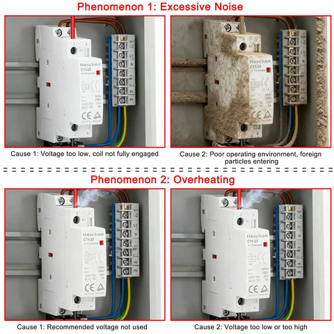 Household AC Contactor HSR1-16 16A 2 Pole 2NC with 24V DC Coil showing issues like excessive noise and overheating in electrical panels.
