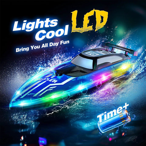 Fast Remote Control RC Boat With LED Lights For Pools And Lakes 2 4GHz Racing Electric Boat For Kids Ages 8 To 12 Waterproof Outdoor Fun
