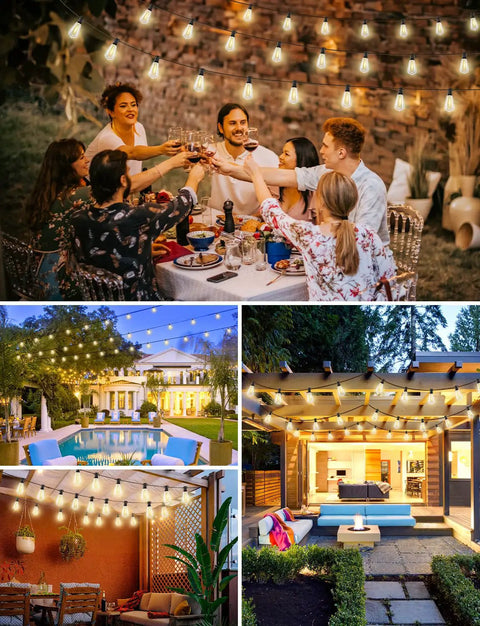120 Foot Outdoor LED String Lights With Remote Waterproof Patio Lighting With 38 Shatterproof ST38 Bulbs in various settings