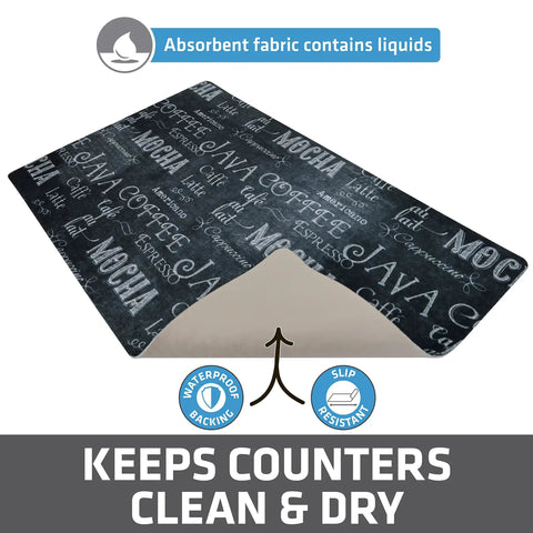 Coffee Bar Mat For Espresso Station Protects Countertops From Spills And Scratches With Absorbent Waterproof Washable Construction Sized 12 By 20 Inches USA Made Java Chalkboard Design
