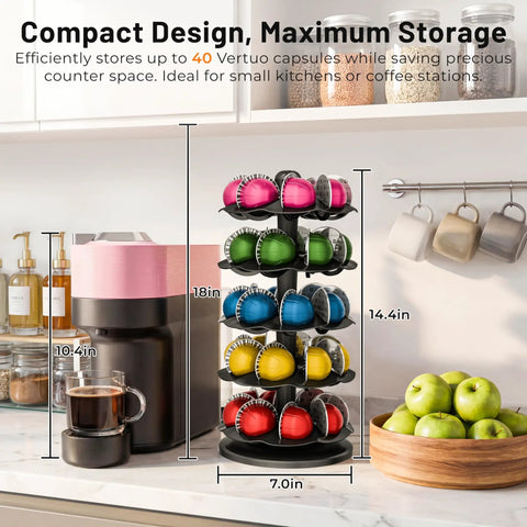 40 Pod Vertuo Capsule Carousel Organizer For Coffee Pods on kitchen counter next to coffee maker, rotating display with tiered slots.