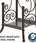 English Style Toilet Paper Stand With Shelf In Bronze Finish Free Standing No Tools Needed Holds Up To 4 Rolls Standard Double Mega Up To 5.5 Inches with rust-resistant frame and scroll design