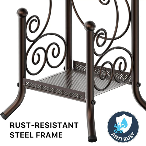 English Style Toilet Paper Stand With Shelf In Bronze Finish Free Standing No Tools Needed Holds Up To 4 Rolls Standard Double Mega Up To 5.5 Inches with rust-resistant frame and scroll design