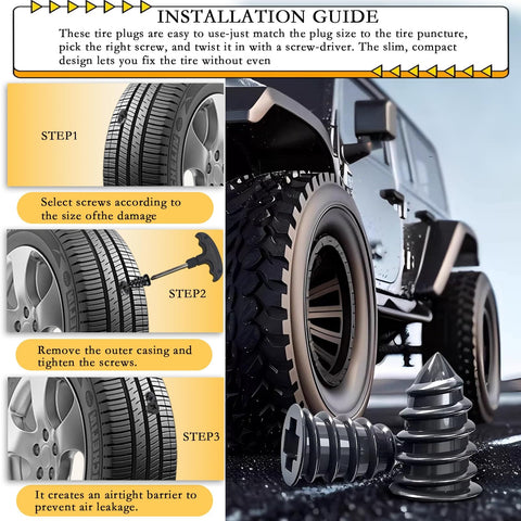 Installation guide for 80Pcs Tire Repair Nails Kit With 4 Sizes And Essential Tools For Quick DIY Self Service Patch And Plug Repairs On Cars, Motorcycles, And Trucks, Includes Screwdriver Bit And Mini Nail Puller, showing tire steps and nails.
