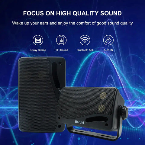 Outdoor Bluetooth Speakers 3.5 Inch, Beefed-Up Wired Waterproof 200W 3-Way Premium Wall Mount System, Durable Pair on blue soundwave background