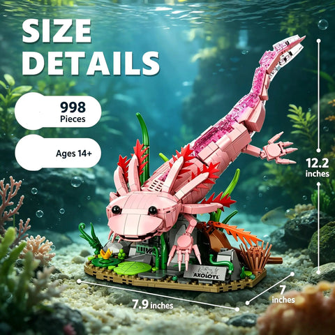 Ocean Animals Building Block Set Inspired By A Cute Amphibian, Totally Lego Compatible 998 Piece Model Kit With Movable Joints And Display Base For Home Office Desk Decor STEM Sea Toys Gift For Adults Teens And Boys 8 14, pink axolotl display model, 12.2 inches