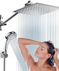 8 Inch High Pressure Rainfall Shower Head With 11 Inch Adjustable Extension Arm, 9 Settings Handheld Showerhead Combo, woman enjoying shower