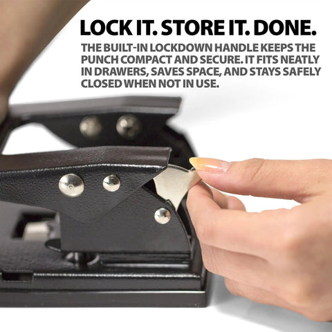Close-up of hands locking 2 Hole Padded Punch For Office Use, Medium Duty, 50 Sheet Capacity, Black, with ergonomic padded handles