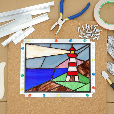 Professional Stained Glass Layout Block System With 80 Push Pins To Keep Your Panels Dead Square, aluminum frames and tools.