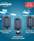 Flowtron 360° rotating solar bug zapper with UV light and LED lamp for patios, yards, and camps, quick unlock system shown.