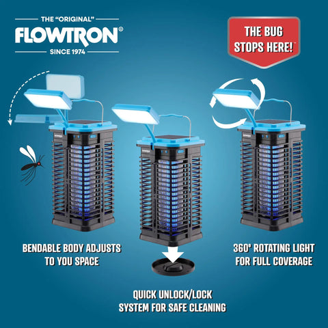 Flowtron 360° rotating solar bug zapper with UV light and LED lamp for patios, yards, and camps, quick unlock system shown.