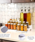 Built Tough 3 Tier Expandable Spice Rack Featuring Adjustable Length And Secure Non Slip Shelves Ultimate Game Changer For Kitchen Cabinet Pantry Or Countertop 2 Pack White And Grey with spices and oils arranged neatly