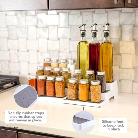 Built Tough 3 Tier Expandable Spice Rack Featuring Adjustable Length And Secure Non Slip Shelves Ultimate Game Changer For Kitchen Cabinet Pantry Or Countertop 2 Pack White And Grey with spices and oils arranged neatly