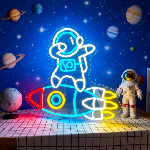 Dimmable Spaceman LED Neon Light With Transparent Backing Astronaut And Rockets Wall Art Space Room Decor For Teens