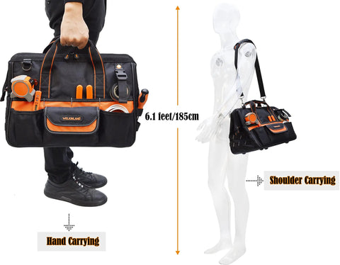 16 Inch Heavy Duty Tool Bag With 34 Pockets Open Top Organizer For HVAC And Electricians Pro Grade Ballistic Nylon 1680D Tote carried by model showcasing size and carrying options.