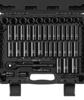 64 Piece Three Eighths Inch Drive Socket Set With SAE Five Sixteenths To One Inch And Metric Six Millimeter To Twenty Four Millimeter Sockets Deep And Shallow Wells 72 Tooth Ratchet Wrench Extension Bars Reducer Universal Joint And Drill Adapter, CR-V sockets in case