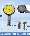 Front view of yellow-dial precision test indicator, 0.030 inch range, 0-15-0, with two interchangeable stems