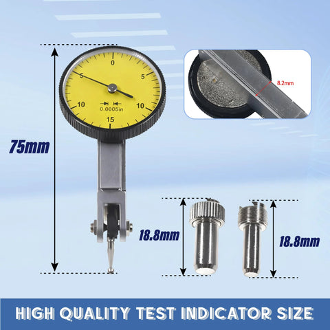 Front view of yellow-dial precision test indicator, 0.030 inch range, 0-15-0, with two interchangeable stems