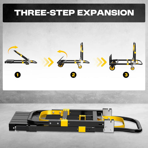 3 In 1 Convertible Hand Truck Dolly With Adjustable Handle Expandable Base And Collapsible Cart Converts Between Two Wheel Upright And Four Wheel Dolly 600 Lbs Capacity Heavy Duty Built To Haul Yellow Two Pack, three-step expansion