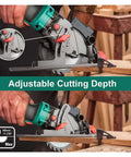 Ultra Compact Mini Circular Saw 750 Watt Laser Guided Power Tool 3500 RPM showing adjustable cutting depth feature on wood.