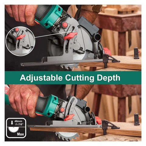 Ultra Compact Mini Circular Saw 750 Watt Laser Guided Power Tool 3500 RPM showing adjustable cutting depth feature on wood.
