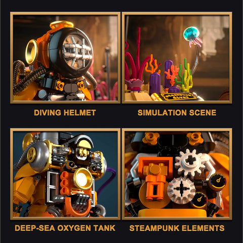 Steampunk Diver Building Set For Adults With 1287 Pieces, Deep Sea Explorer Robot Model with helmet, tank, and gears.