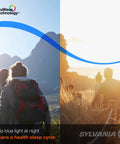 People hiking with TruWave Technology graphic, promoting health benefits of less blue light at night