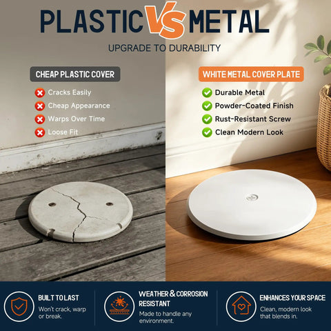 Dead Simple Install Solid 7 Inch Cleanout Cover Plate Bright White Powder Coated Steel Round Access Hole Cover Hides Stubborn Plumbing Drains And Keeps Walls Looking Darn Neat After Renovation Mess, comparison of plastic vs metal options.