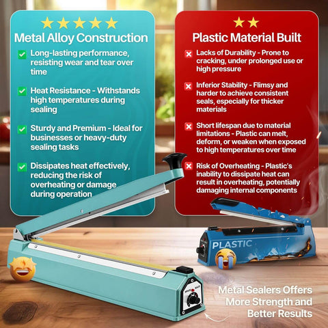 Image comparing metal alloy and plastic material construction, highlighting advantages of metal for 20 Inch Impulse Sealer With 750W Heating.
